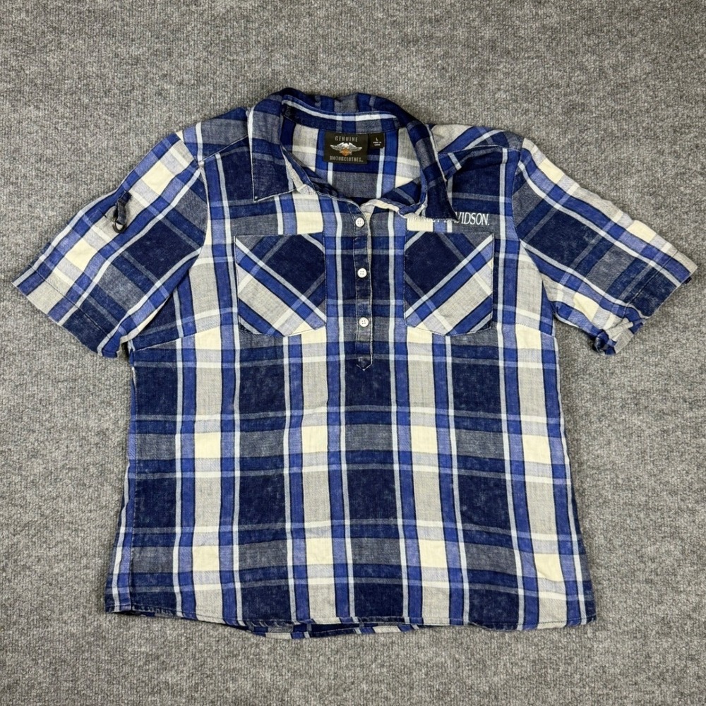 Harley-Davidson Plaid Pullover Shirt Mens Large Blue White Eagle Graphic Biker